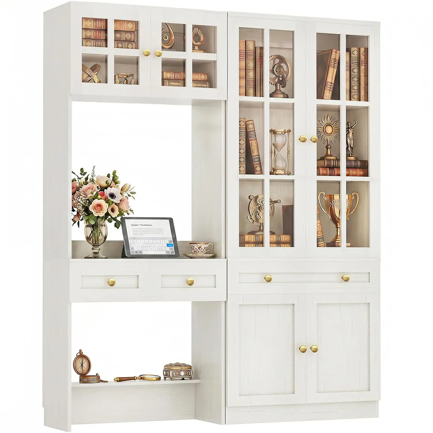 Bookcase with Desk & Glass Doors, Study Desk with Bookshelf, Customized