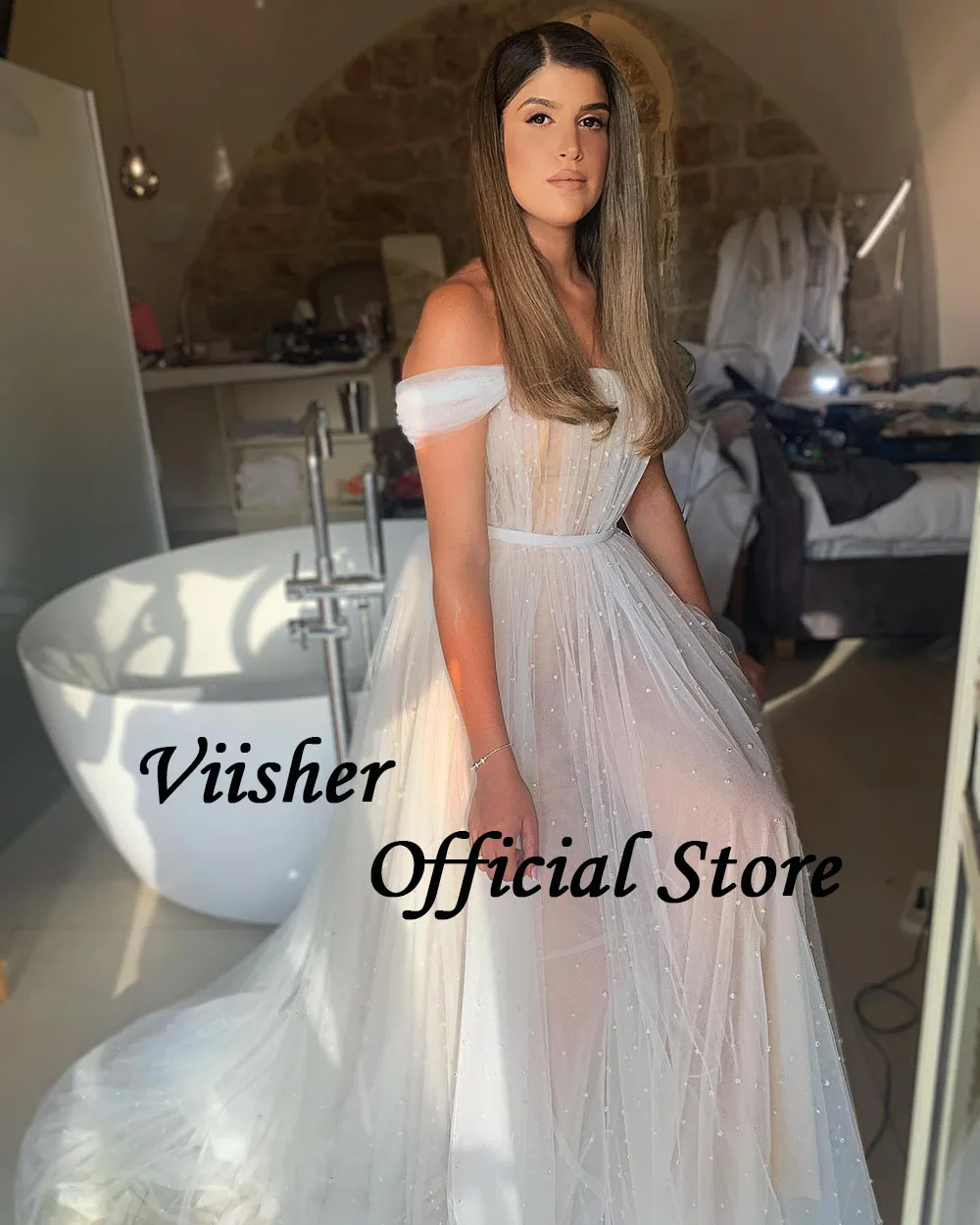 Viisher White Pearls Tulle Off spalla abiti da sposa una linea abiti da sposa lunghi da sposa donna Evenig Party Dress personalizzato