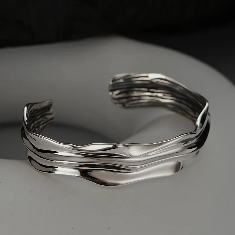 Ables Chic Solid 925 Silver Liquid Pattern Irregular Wide Statement Bangle Bracelet Y1S2B21016