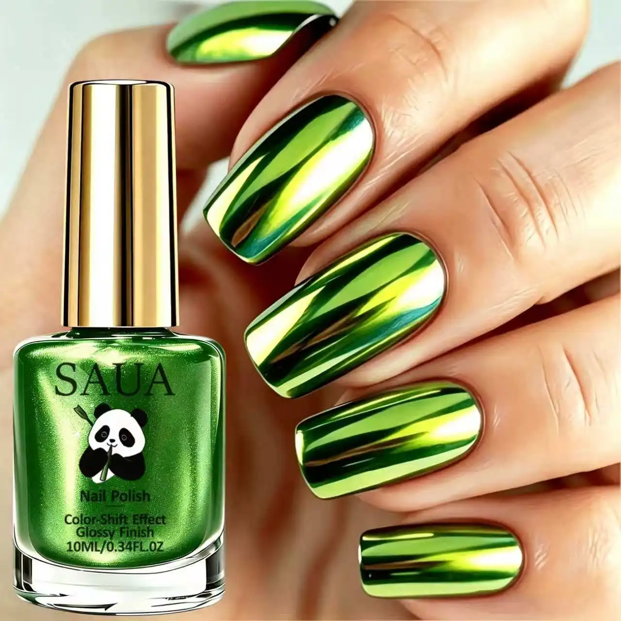 10ML Metal Mirror Chrome Green Nail Polish, High Gloss Fast-Drying, Hand and Foot Nails, No UV Lamp Needed, Manicure Gift