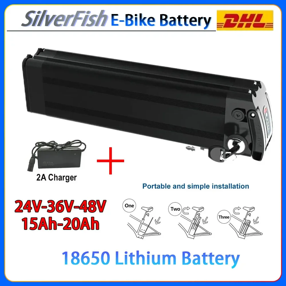 

Silver Fish Ebike Lithium Batterie 36V 48V 20AH 500W 24V 36V 48V 15AH 20AH Electric Bike Bicycle Li-ion 18650 Battery Pack