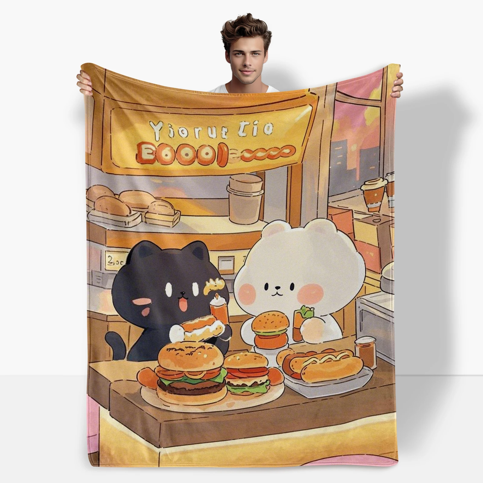 Playful Cartoon Cats Enjoying Burger And Hot Dog Shop Blanket Adds Liveliness To Any Room Great For Kids