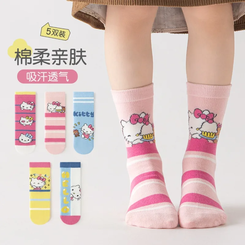 

5 Pairs Kuromi Kitty Kids Socks Cute New Fall Winter Cartoon Girl Children Mid-calf Socks Cotton Sock for Girls Gifts 1-12years