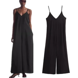 Maxdutti Camisole Loose Jumpsuit Black Sexy Backless Nordic Minimalist V-neck Dungaress Women