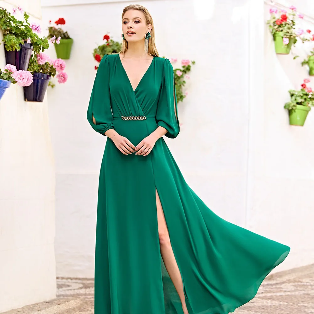 Green Wedding Guest Dresses for Women 2023 A Line V Neck Mother of the Bride Dress Long Sleeves Thigh-High Split Evening Gowns