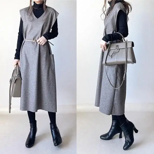 

2025 Autumn and Winter New High Neck Woolen Top+v-neck Thin Woolen Dress Two-piece Set