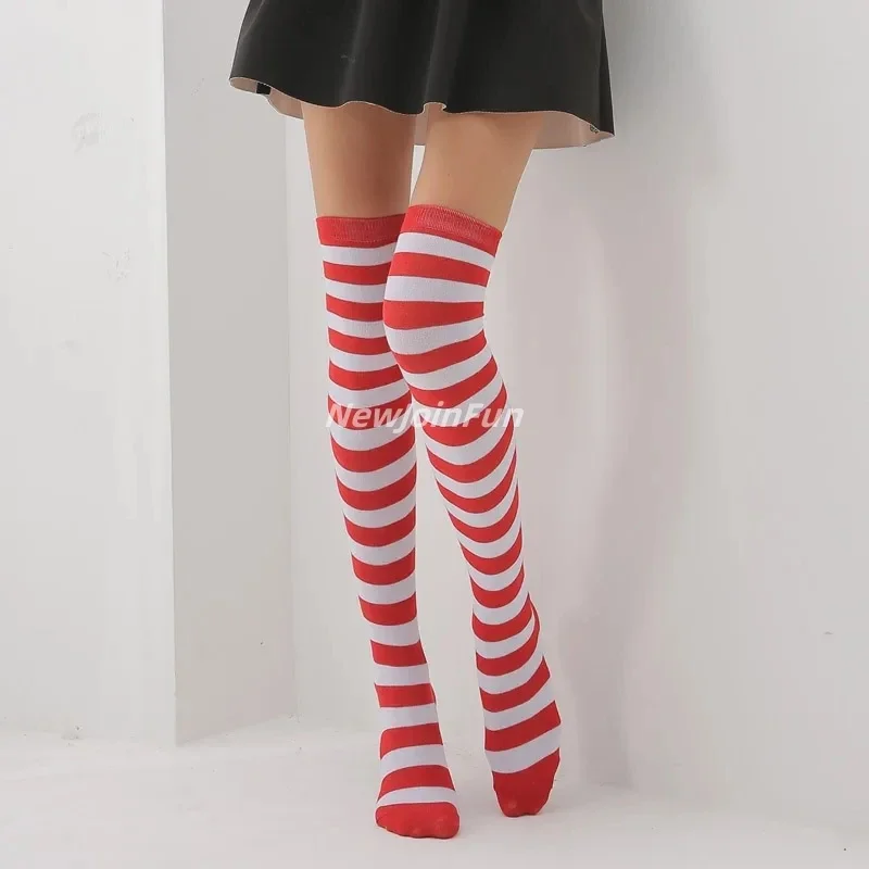 Regenbogen Oberschenkel Kniehohe Lange Socken Cosplay Kawaii Mädchen Schwarz Weiß Gepunktete Gestreifte Weihnachtsstrümpfe für Frauen Herbst Winter – Detail 3