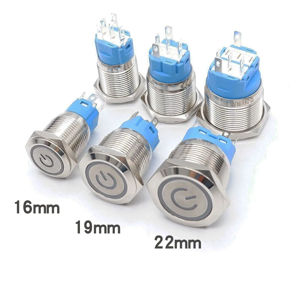 16/19/22mm Metal Button Switch Circular Power Symbol LED Car Light PC Start Button Switch Flat Head 5v 12V 220v Momentary Lock