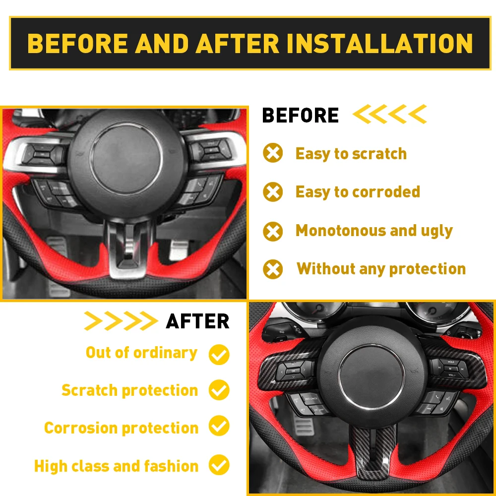 3Pcs set Carbon Fiber Car Steering Wheel Frame Cover For Ford Mustang 2015 2016 2017 2018 2019 2020 2021 2022 Auto Accessories - Image 3