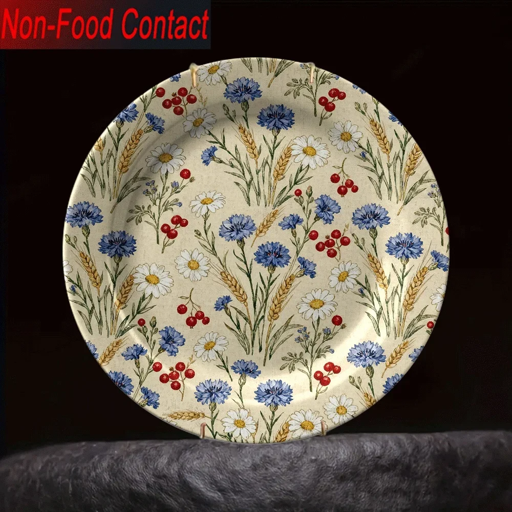 1pc Ceramic Decorative Plate - Hand-Painted Red Chamomile/Oregano Herbs, Wheat Stalk & Daisy Flowers - Round Non-Food Contact