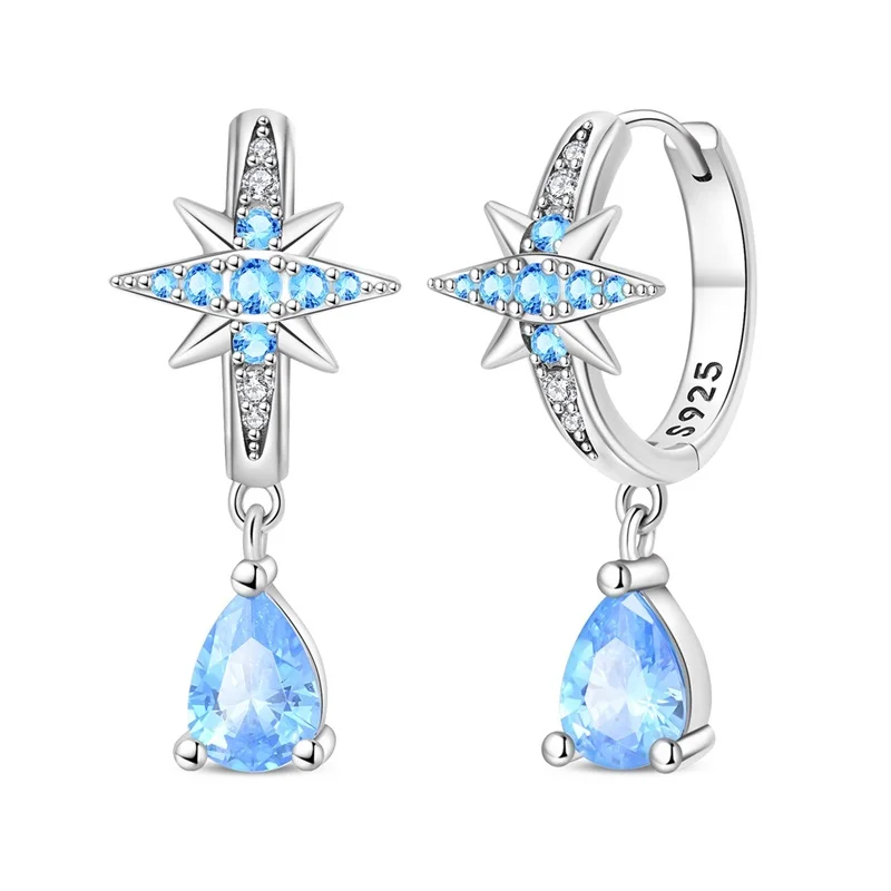 925 Sterling Silver Blue Water Drop Hoop Earrings Eight Pointed Star Earrings For women Fine Anniversary Jewelry Gifts