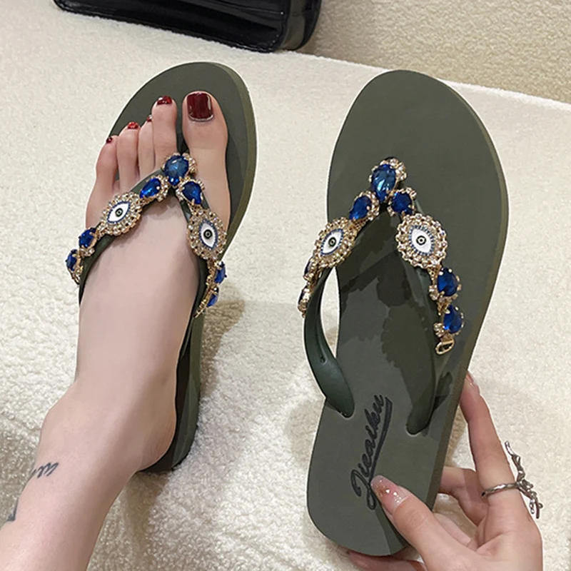 Summer Women Flip Flops Beach Vacation Slippers With Rhinestone Decoration Sides Sandals Flat Soft Casual Shoes For Female 35-41