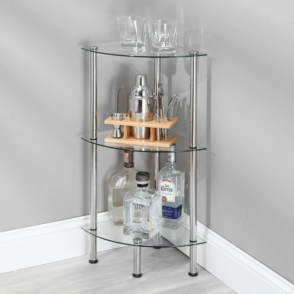 

Modern glass corner table 3-tier storage organization tower cabinet with open shelves for bathroom, living room