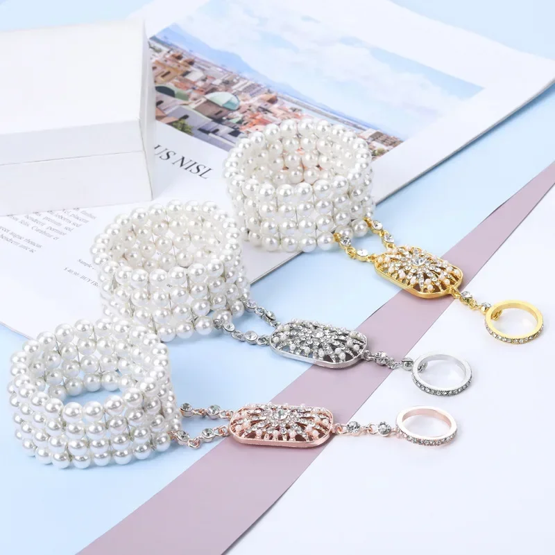 1920s Bracelets for Women Flapper Bracelet Ring Set Bracelet Ring Imitation Pearl Crystal Finger Hand Chain Accessories