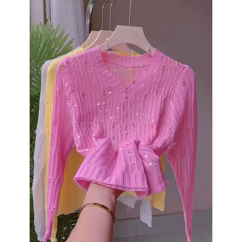 

Autumn New Elegant Sequin Sweater Women V-Neck Long Sleeve Fashion Hollow Out Knitted Pullover Female Thin Casual Knitwear 050P