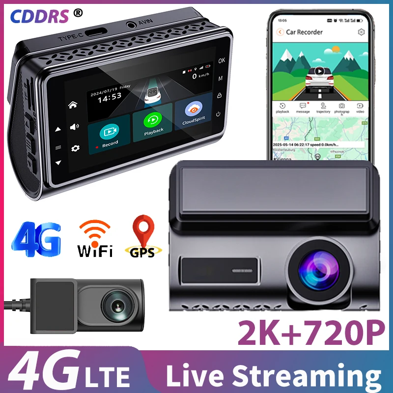 Câmera Veicular CDDRS 4G LTE com Rastreamento GPS, Câmera Frontal Ultra HD 2K e Câmera Traseira 720P, Visualização Ao Vivo, Monitor de Estacionamento, Visão Noturna