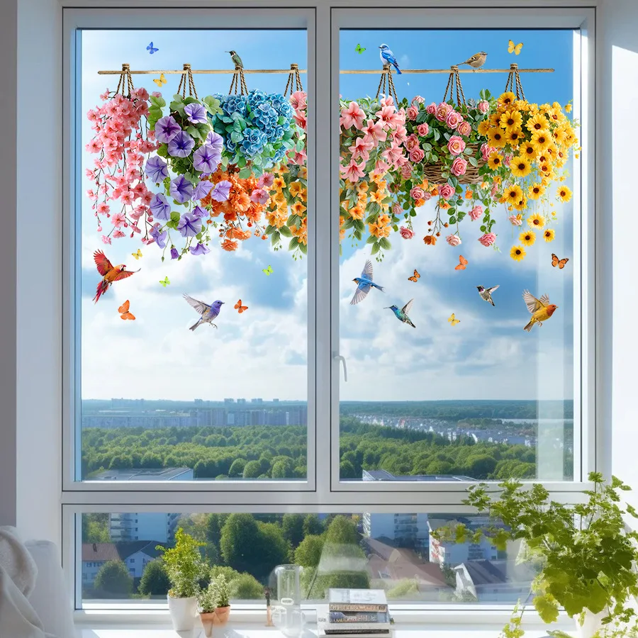 Hängende Blumenkorb-, Vogel- und Schmetterlings-Fensteraufkleber, statisch haftende, farbenfrohe Blumen-Fensterdekorationen für die Frühlingsdekoration zu Hause