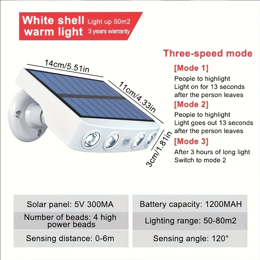 Luzes de segurança solar poderosas, decoração ao ar livre, movimento do sensor, 3 modos, lâmpada de rua, impermeável, parede noite, luz do trabalho para o jardim, 4 diodo emissor de luz