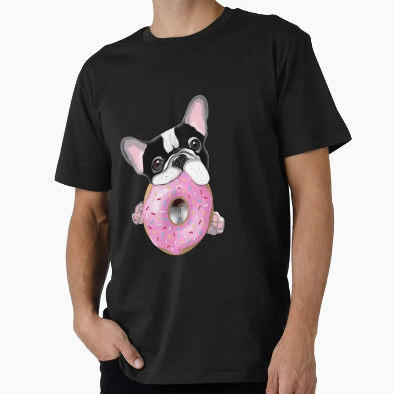 French bulldog with pink donuts Graphic T-shirt for Dog Dad Unisex 100% Cotton Short Sleeve Tee Pet owner Surprise Gift Tops