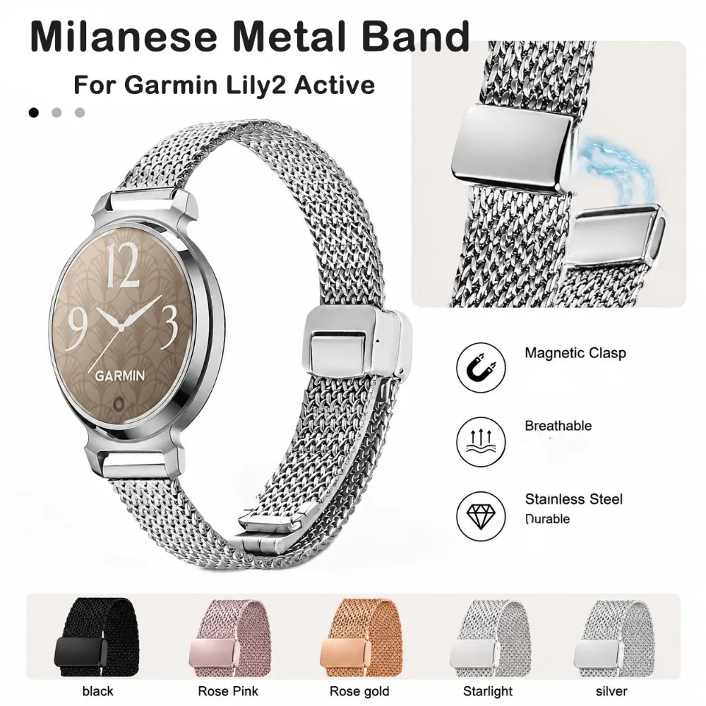 Neues Milanese-Metallarmband für Garmin Lily2 Active, luxuriöses, verstellbares, magnetisches, atmungsaktives Damenarmband, schlicht und elegant für Garmin Lily2