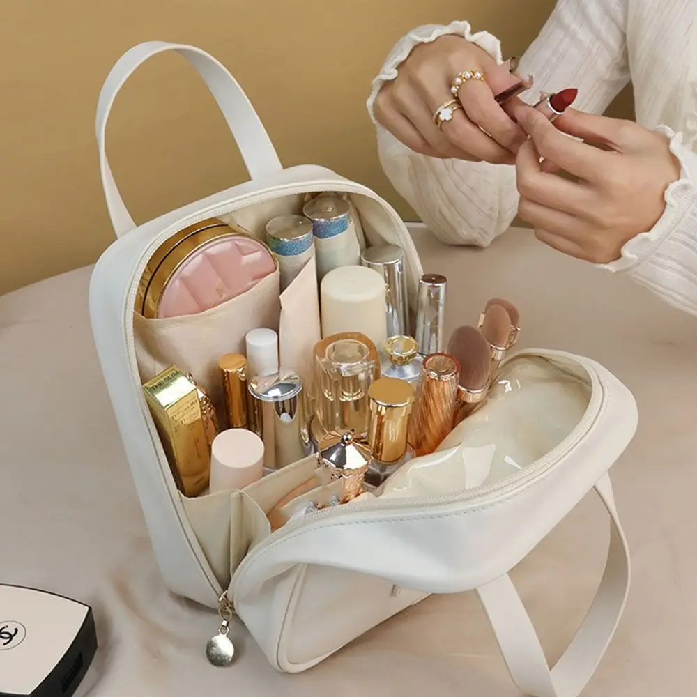 Borsa cosmetica in pelle PU regalo organizer per trucco multifunzione di grande capacità strumento di archiviazione impermeabile con manico da