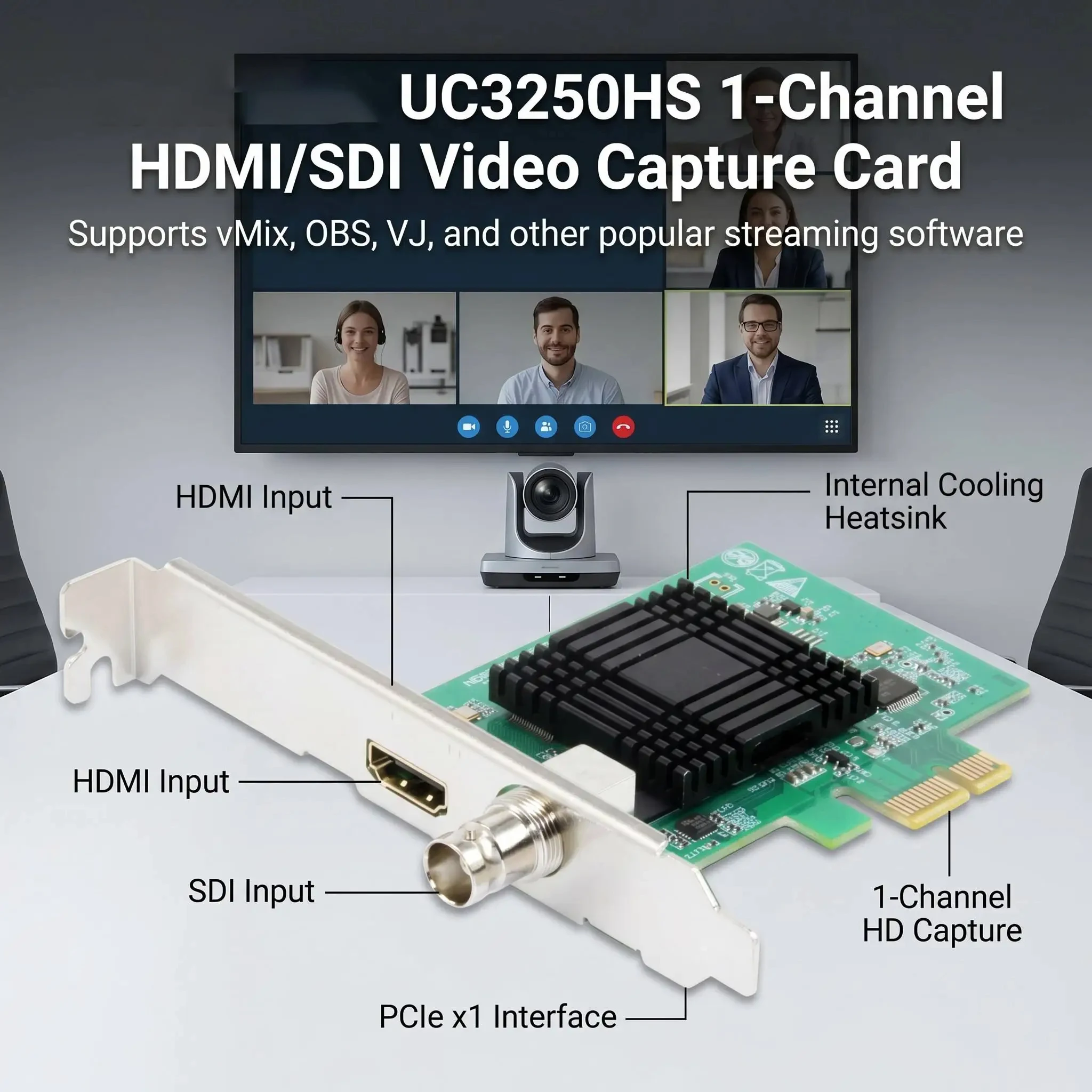 UC3250HS HD Video Capture Card Box Win11 Linux Zoom 1080p OBS Vmix Wirecast Streaming 4 Channel HDMI SDI Broadcast PCI Express