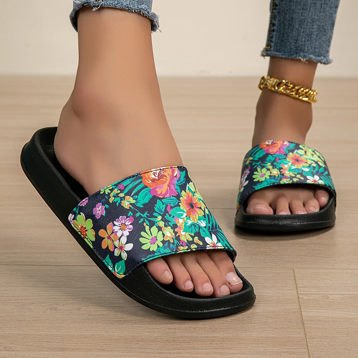 1 Pair of Women's Gardenia Flower Print Indoor Flat Slippers, Eva Soft-Soled Shoes, Indoor and Outdoor Home Slippers, Beautiful and Stylish, Suitable for All Seasons - view 4