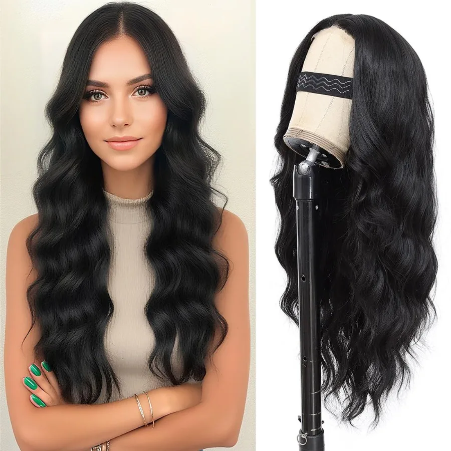 باروكة صناعية طويلة مموجة من الجزء الأوسط مقاومة للحرارة مع خط شعر دانتيل 4 × 1 للنساء مثالية للارتداء اليومي والمناسبات الحفلات 24