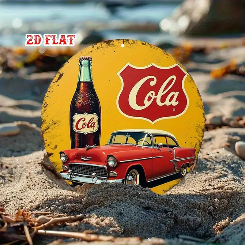 Cola Beverage Metal Tin SignRound Aluminum Wall Art, Rustic Classic Car Design for Home, Garage, Cafe Decor, Metal Wall Decor