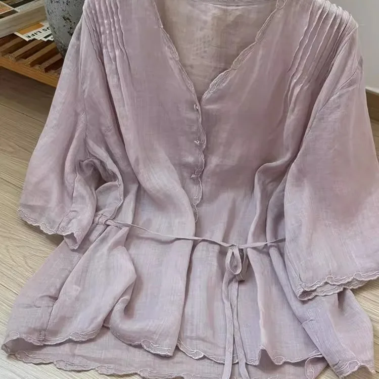 

Light Purple Embroidered Ruffle V-Neck Cotton Linen Shirt Loose Fit Summer Retro Top Women's Casual Wear Daily Commute Style