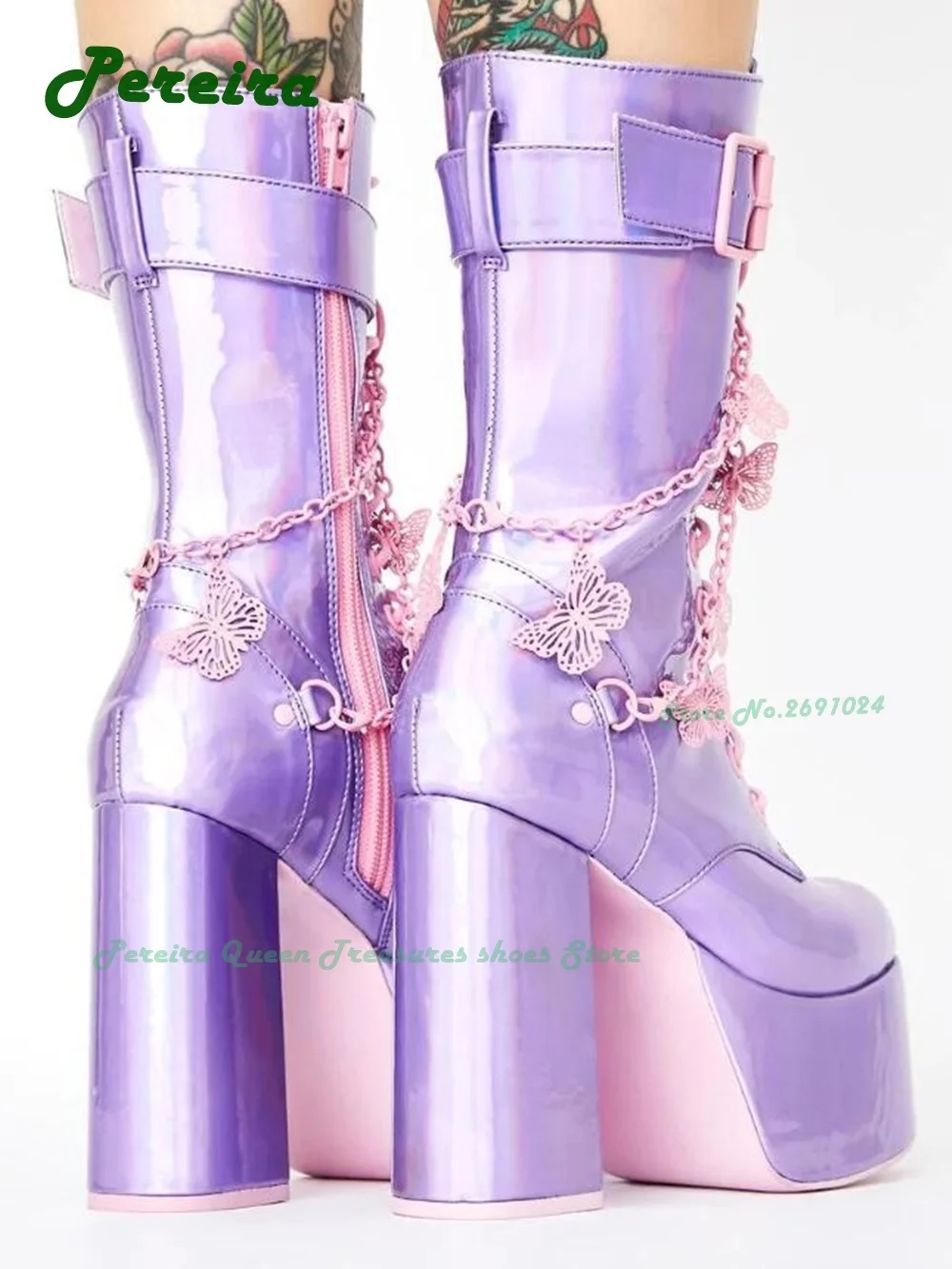 Holographic Platform Boots Buckled Ankle Straps with Layered Chains Butterfly Charms Adjustable Lace Up Round Toe Chunky Heels