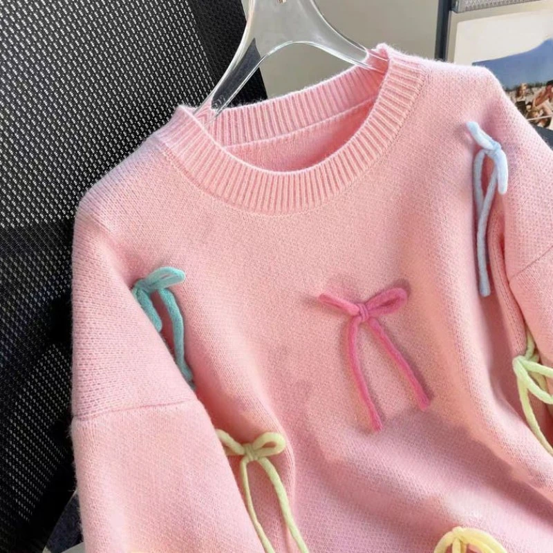 Oversized Sweet Sweaters Bow Patchwork Design Long Sleeve Autumn Winter Tops Pullover Loose Y2k Preppy Style Women Clothing 2023