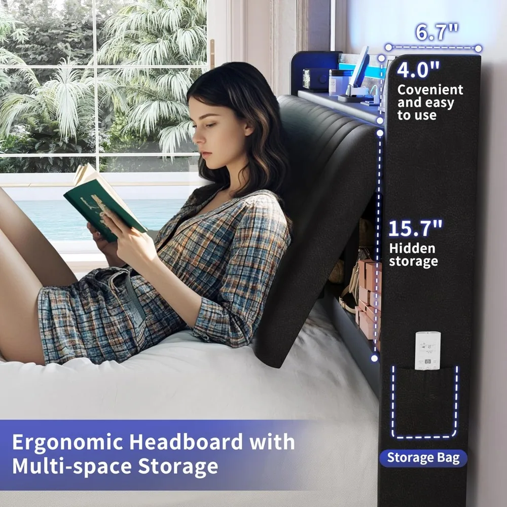 إطار سرير كوين بمسند ظهر قابل للتعديل مع مساحة تخزين مخفية ومنفروشات جلدية من البولي يوريثان، يتضمن محطة شحن