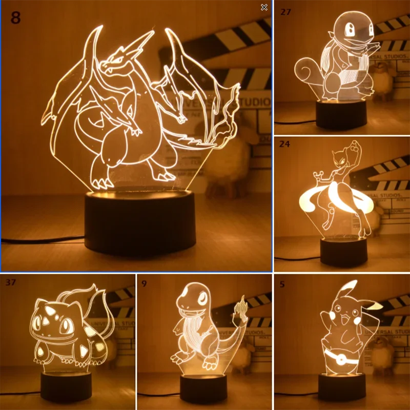 Pokemon Anime 3d Night Lights Bulbasaur Charizard Squirtle Mewtu LED desk lamp Action Figure Decor Home Figma Doll Gift Toy