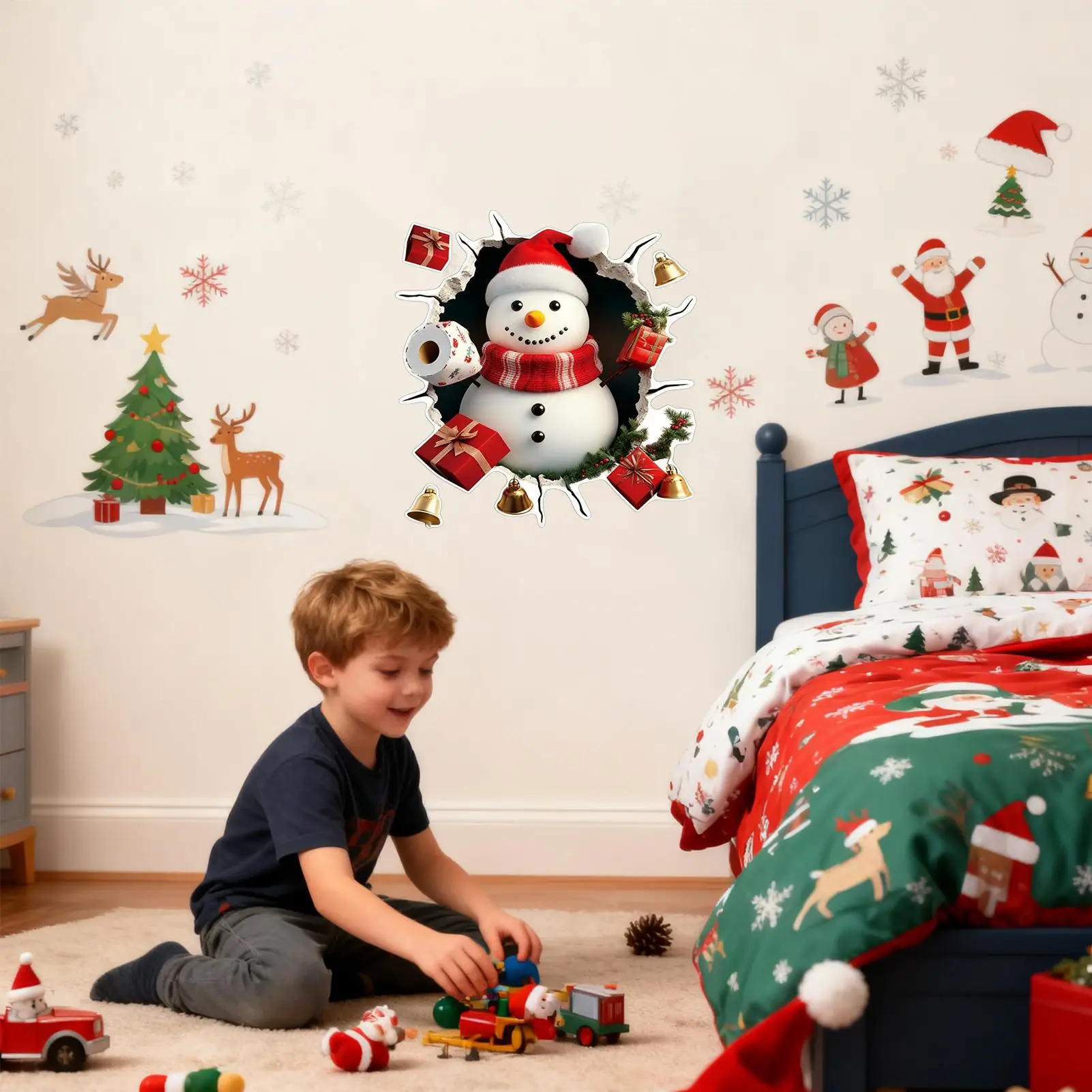 Christmas Door Stickers Reindeer Removable Cute Cartoon Decals Christmas Floor Stickers For Winter School Class Room Bedroom