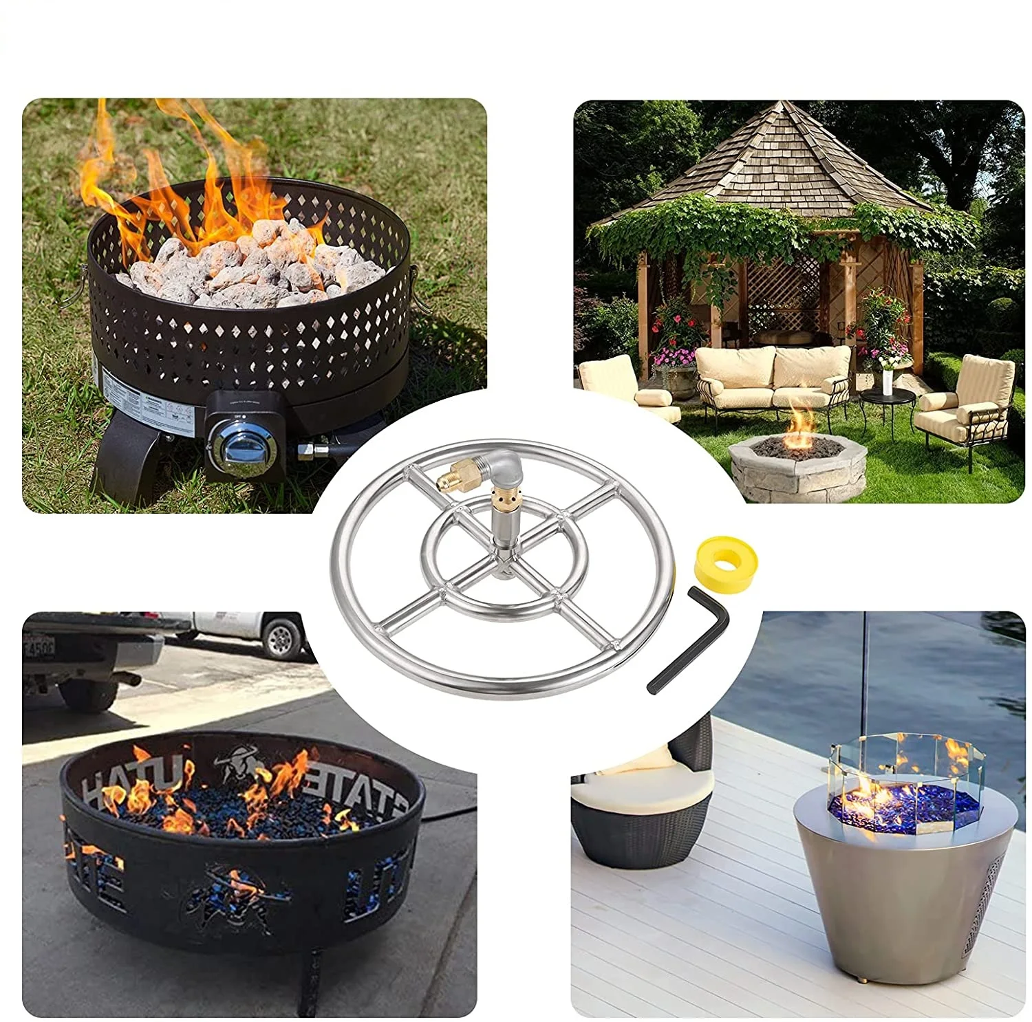 1set 12 Inch 304 Stainless Steel Gas Propane Fire Pit Ring Burner with 159K BTU Valve 2-Rings for Gas/Propane/NG Fire Pit Parts
