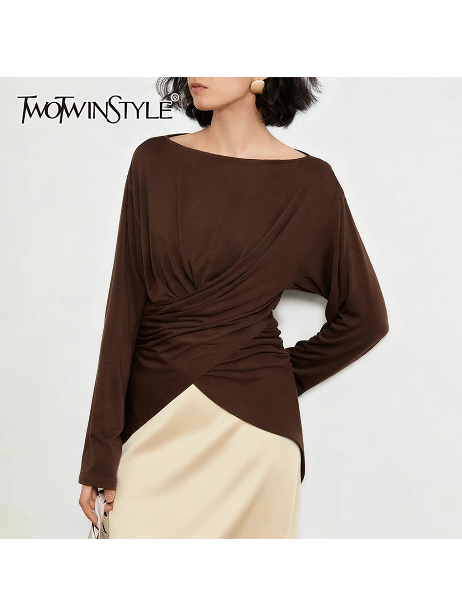 

TWOTWINSTYLE Solid Slimming Spliced Folds Casual T Shirts for Women Round Neck Long Sleeves Tunic Basics T Shirt Femlae Clothing