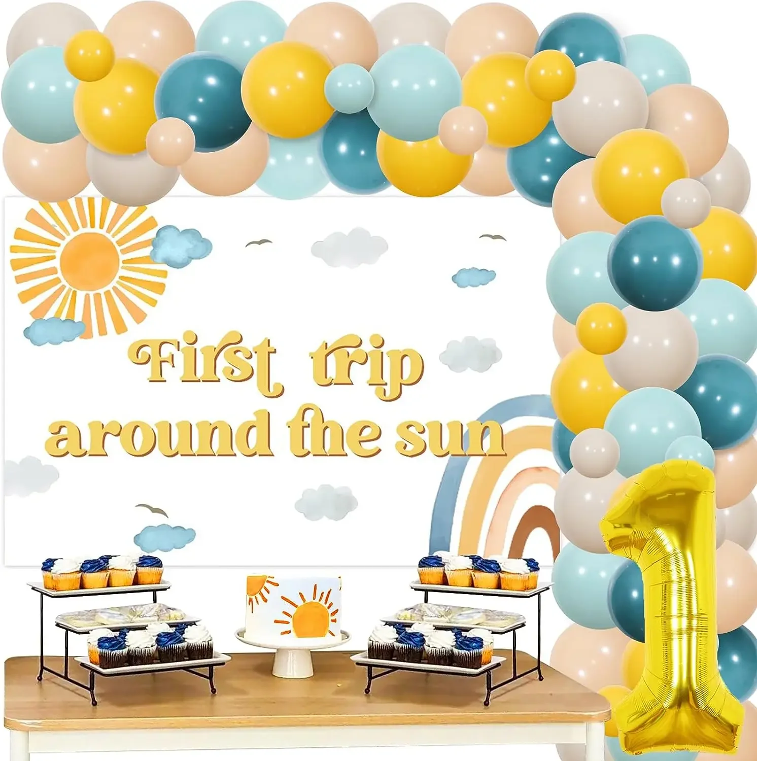 

First Trip Around The Sun Birthday Decorations, Boho Sunshine Balloon Arch Kit, Sun Backdrop