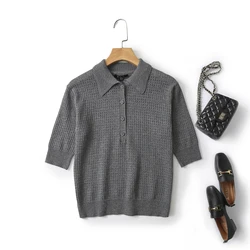 Ethereal MD 2024  new style of Women's casual Gray smart commuter hollowed out Polo neck five-quarter sleeve sweater