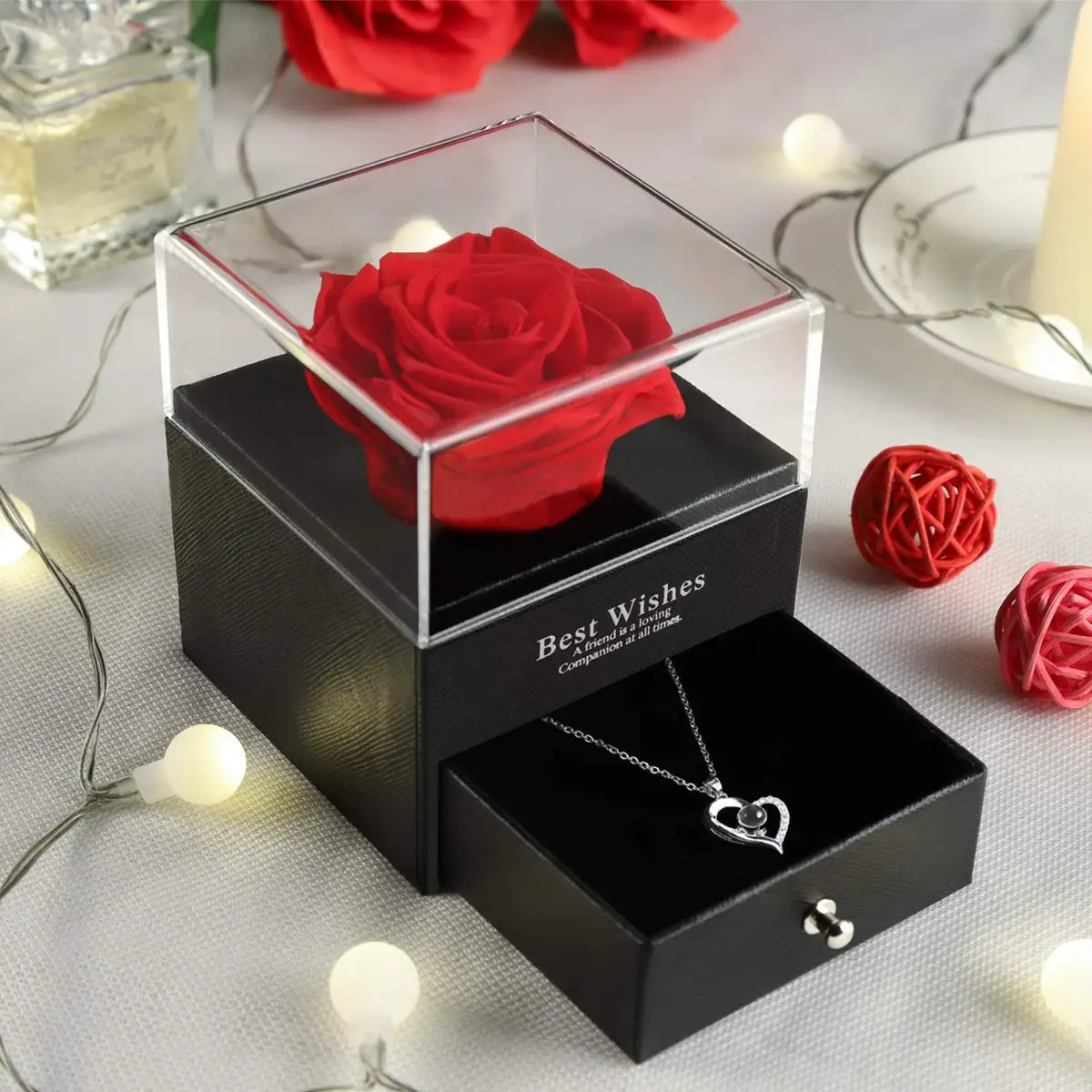 Caja de regalo de joyería con flor de rosa eterna, cajas de almacenamiento para anillos, pendientes y collares, caja de joyería Artificial para