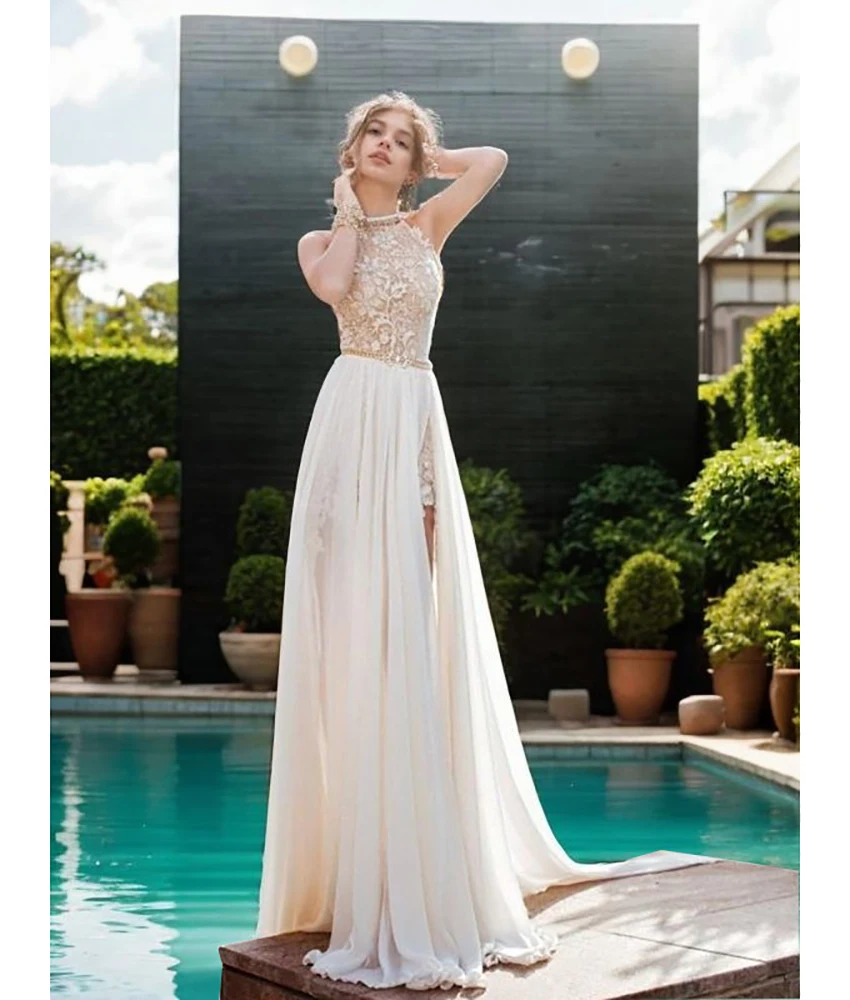 

Customized Sexy Chiffon A-Line Pearls Beading Appliques Flowers Evening Dress Temperament Halter Sleeveless prom dresses