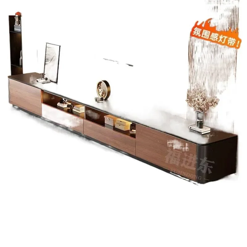 Solid Wood and Rock Slab Coffee Table Modern Light Luxury Living Room Furniture Small Apartment Floor TV Cabinet Combination