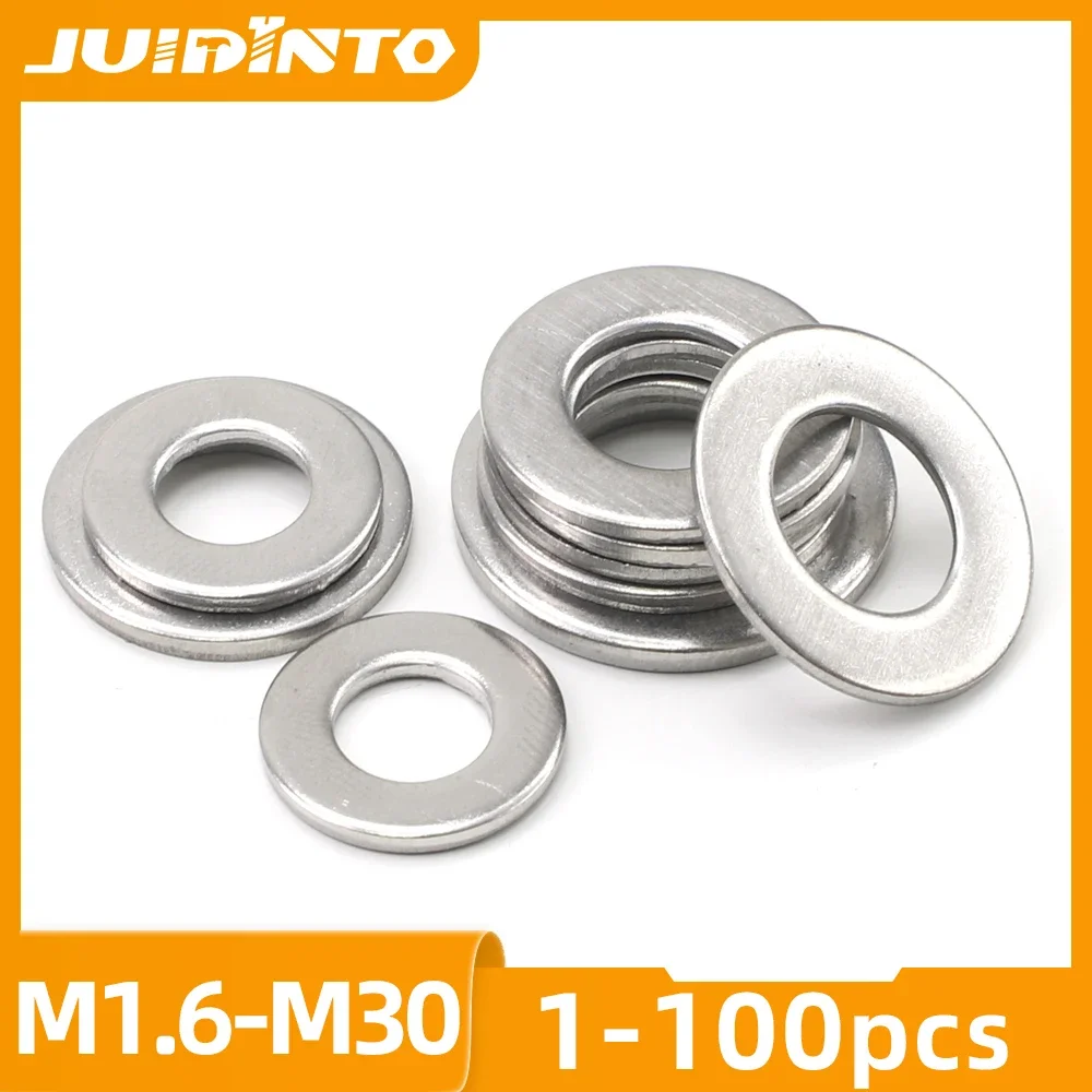 JUIDINTO 1-100szt Standardowa podkładka płaska M2 M3 M4 M5 M6 M8 M10 M12 M14 304 Pierścień uszczelniający ze stali nierdzewnej DIN125