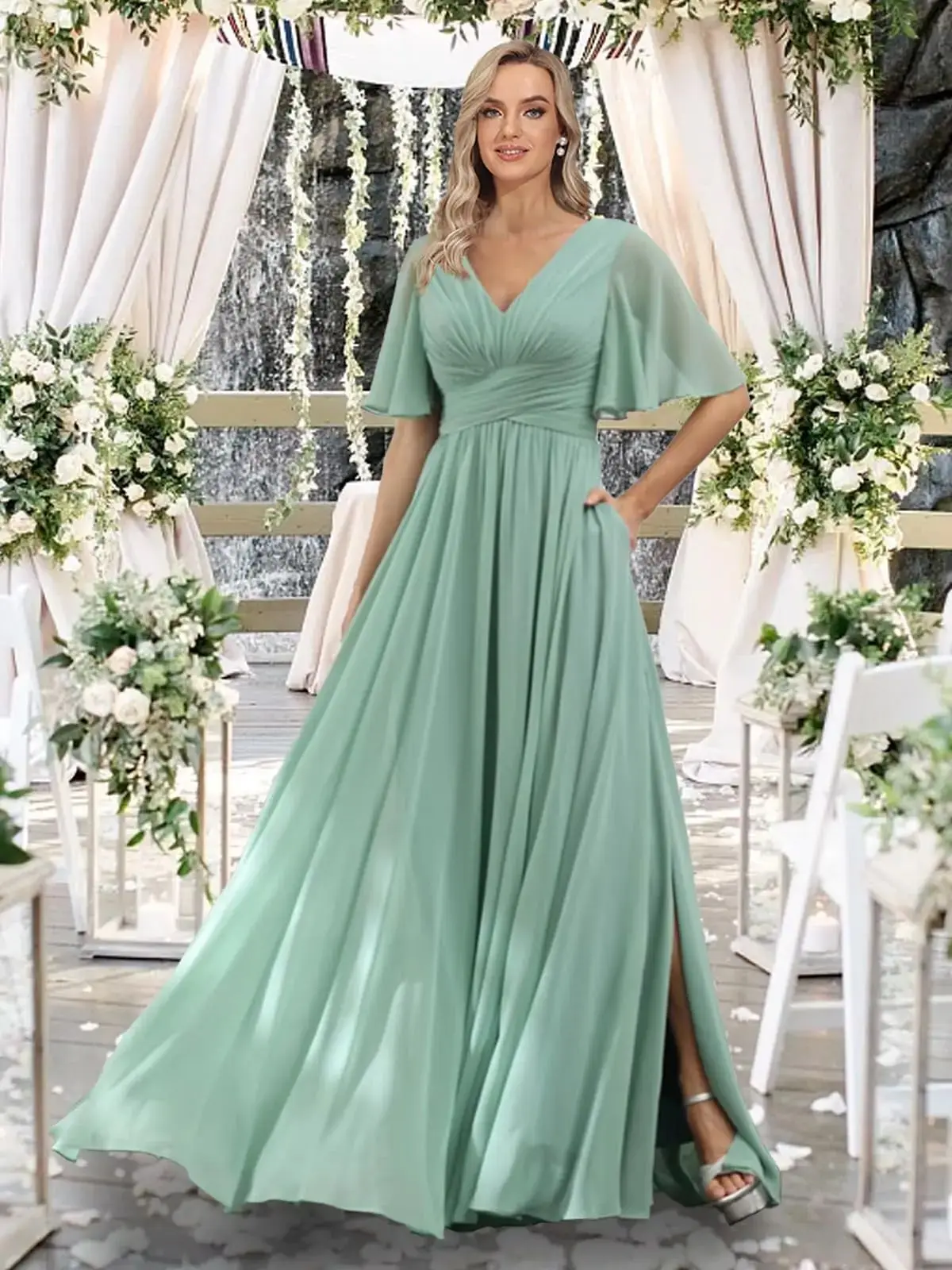 Chiffon Off the Shoulder V-neck Evening Dresses With Split Short Sleeves Pleated Corset Prom Gowns A-line Long Bridesmaid Gowns