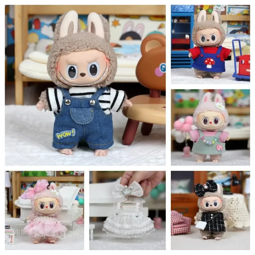 Mini Plush Doll Clothes, Outfit Acessórios para Coreia Kpop Exo Labubu Idol Flower Shirt, Jaqueta de Couro e Saia, Presente, 17cm