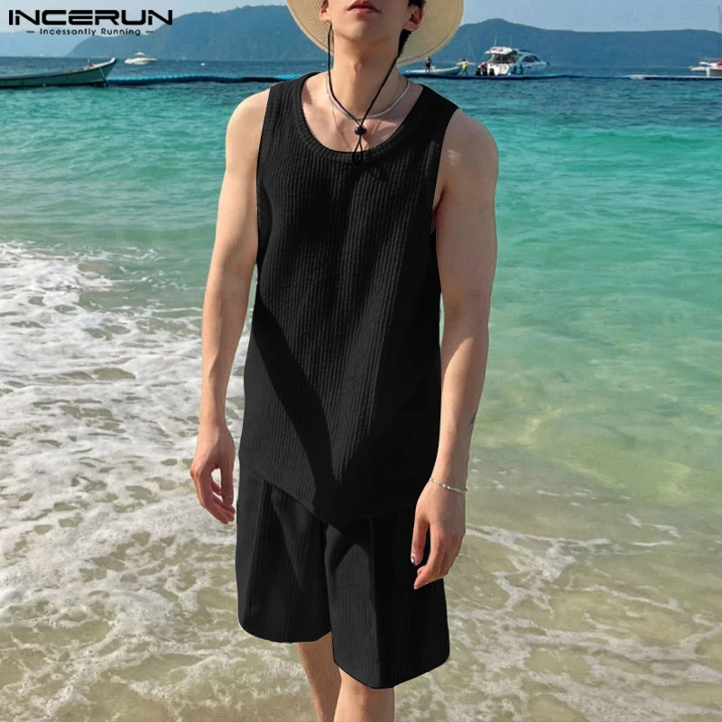 

INCERUN Men Sets Solid Color O-neck Sleeveless Tank Tops & Shorts Two Pieces Sets Streetwear 2025 Vacation Men's Casual Suits