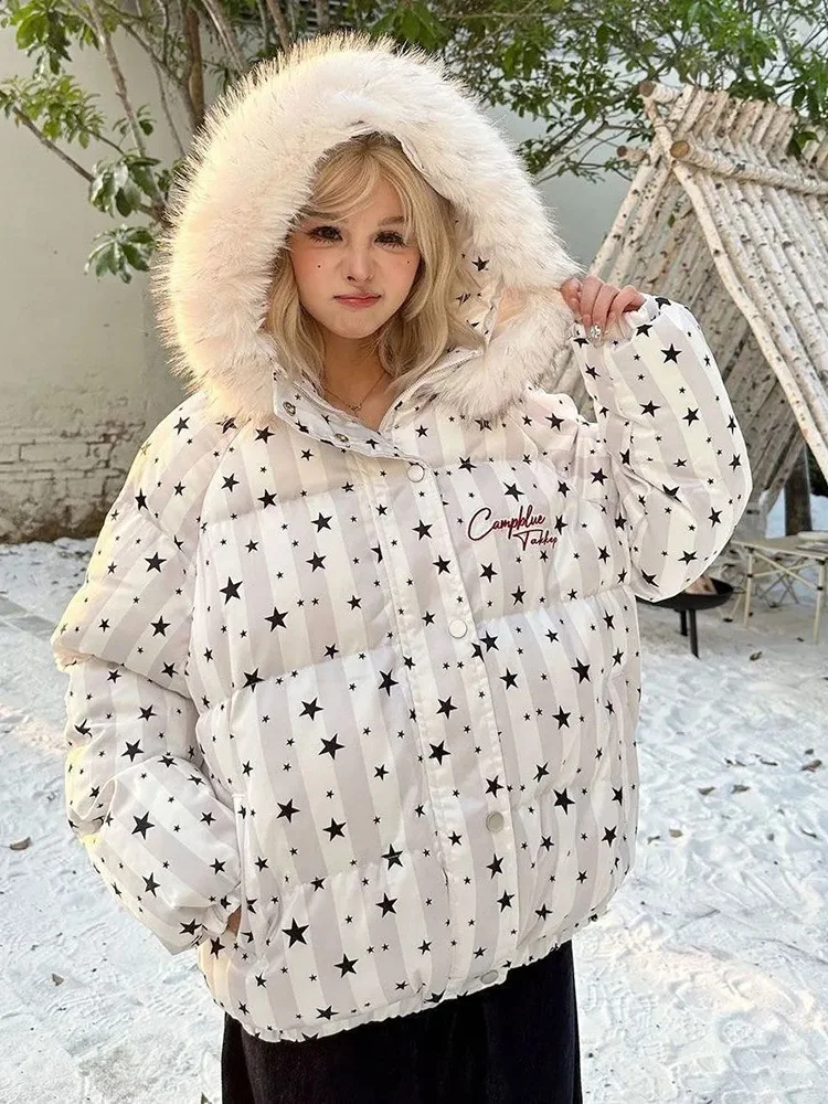 

Американские винтажные парки со звездами, женские теплые зимние пышные пальто в консервативном стиле с надписью, повседневная женская милая куртка с длинными рукавами и капюшоном