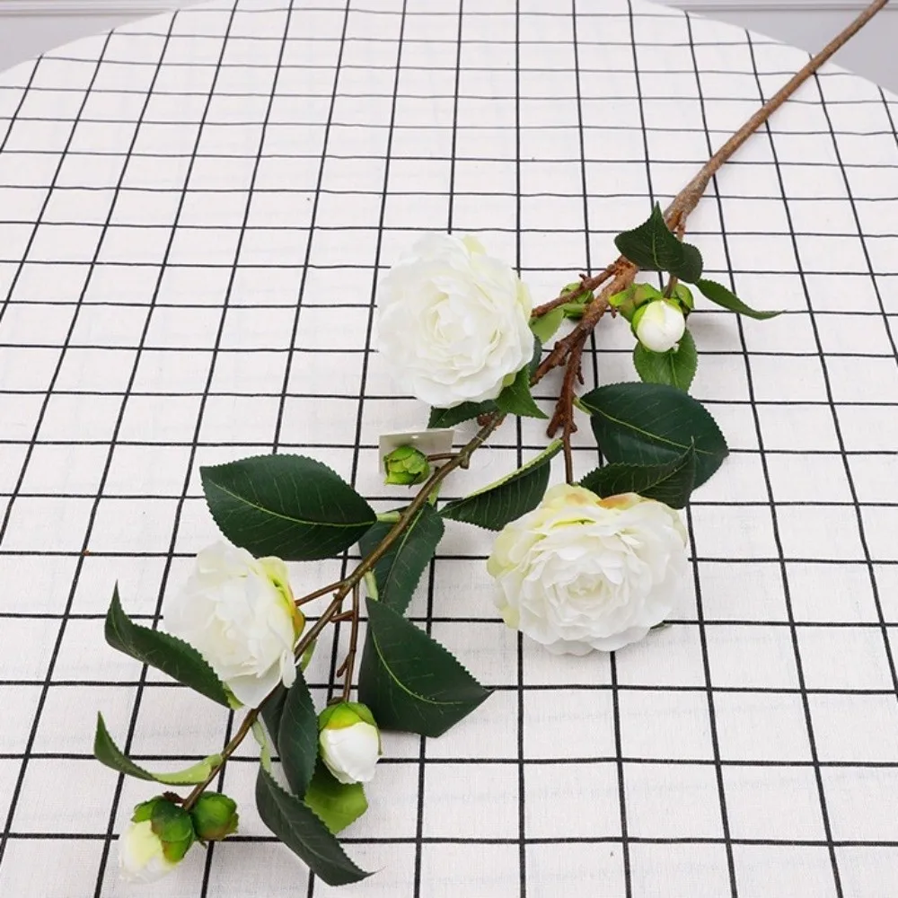 

Green Leaf Artificial Camellia Flower Real Touch Realistic Simulation Rose Handmade Luxury Faux Flower Branch Wedding Party