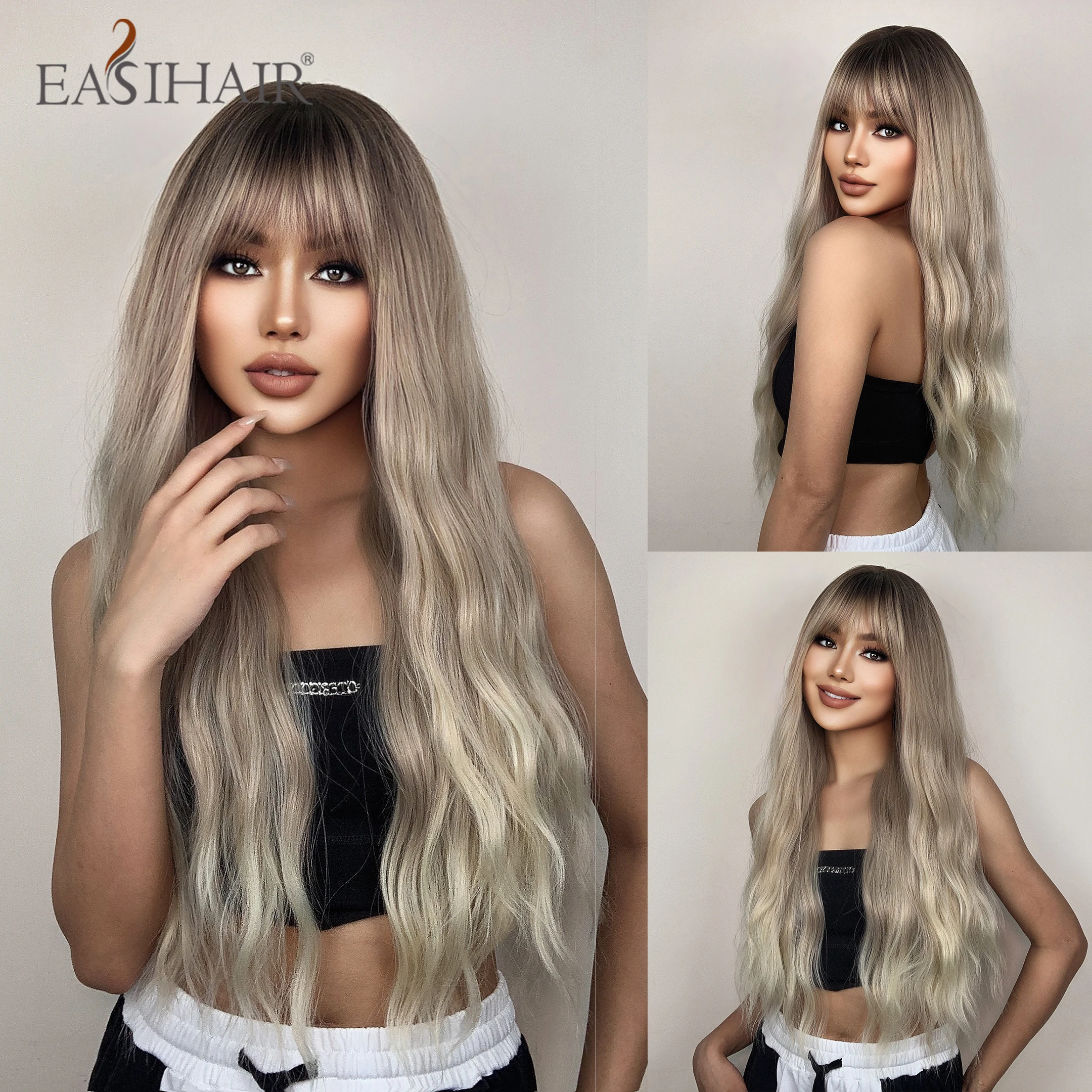 

EASIHAIR Long Body Wavy Synthetic Wigs Platinum Blonde Ombre Natural Hair Wigs for Women With Bangs Cosplay Wigs Heat Resistant