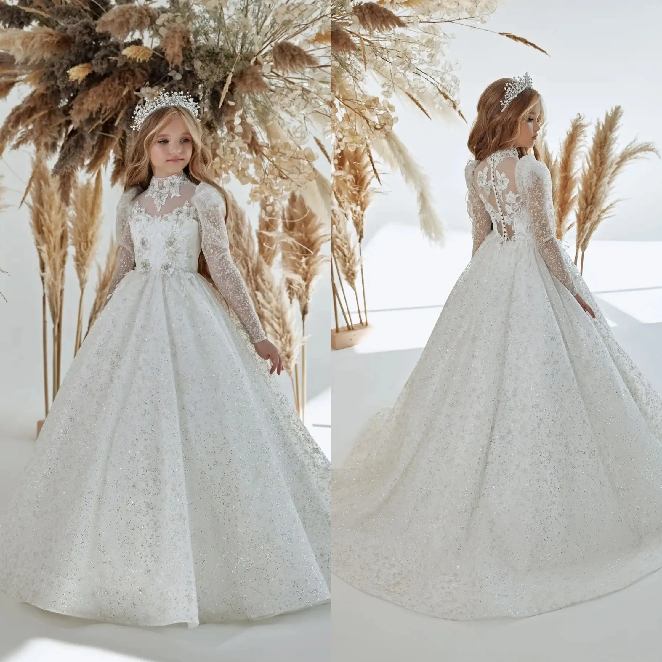 

Luxury Princess O-Neck Long Sleeves Flower Girl Dress For Wedding Sequined Lace Appliques Floor Length Birthday Gowns Customized